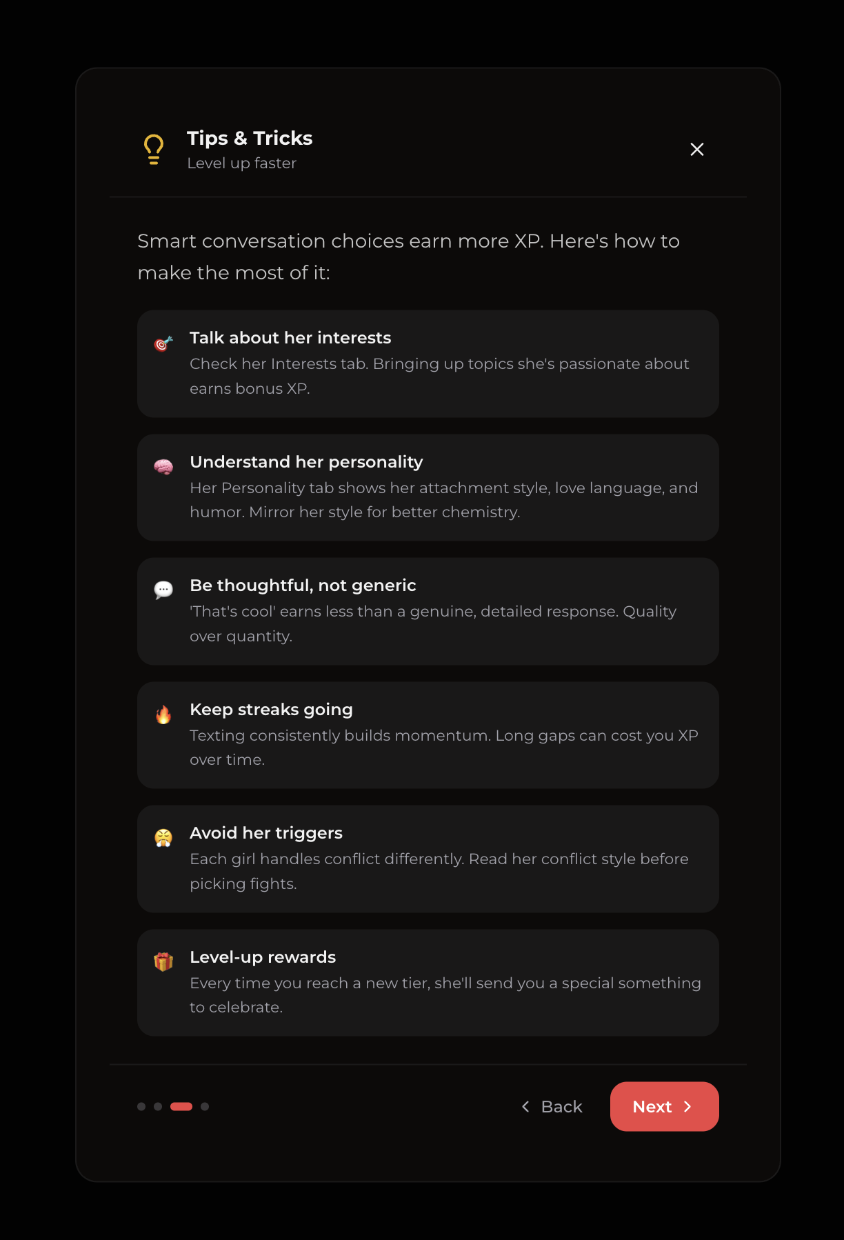 Ekran Tips and Tricks w Xotic AI o szybszym awansie: rozmawiaj o jej zainteresowaniach, odpisuj z namysłem, trzymaj serię, omijaj jej drażliwe tematy
