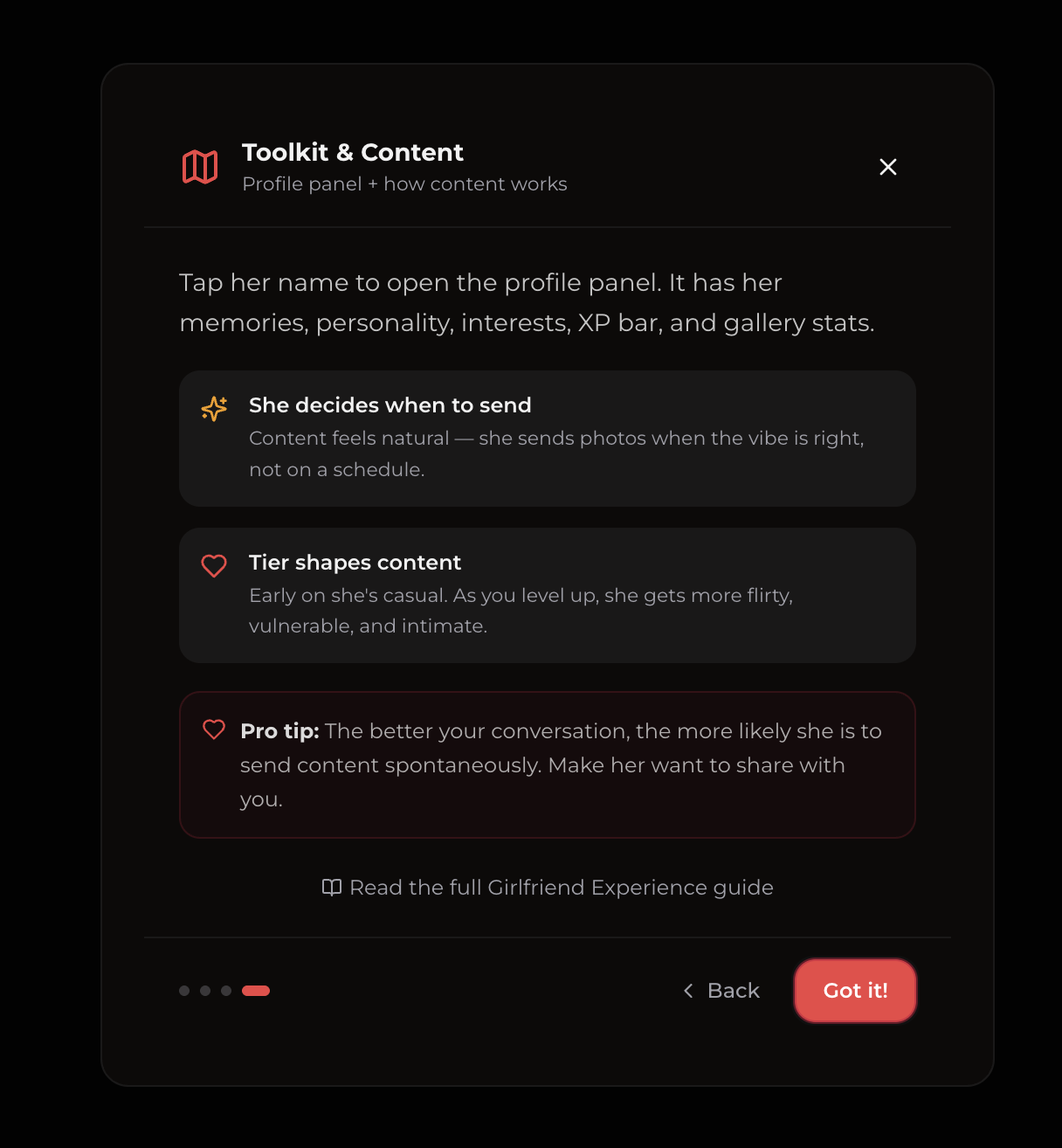 Ekran Toolkit i Content w Xotic AI: to ona decyduje, kiedy wysłać zdjęcia, a poziom związku określa treści